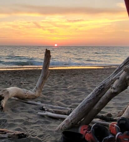 Tramonto visto da un bivacco sulla spiaggia della Costa degli Etruschi con legni spiaggiati in primo piano